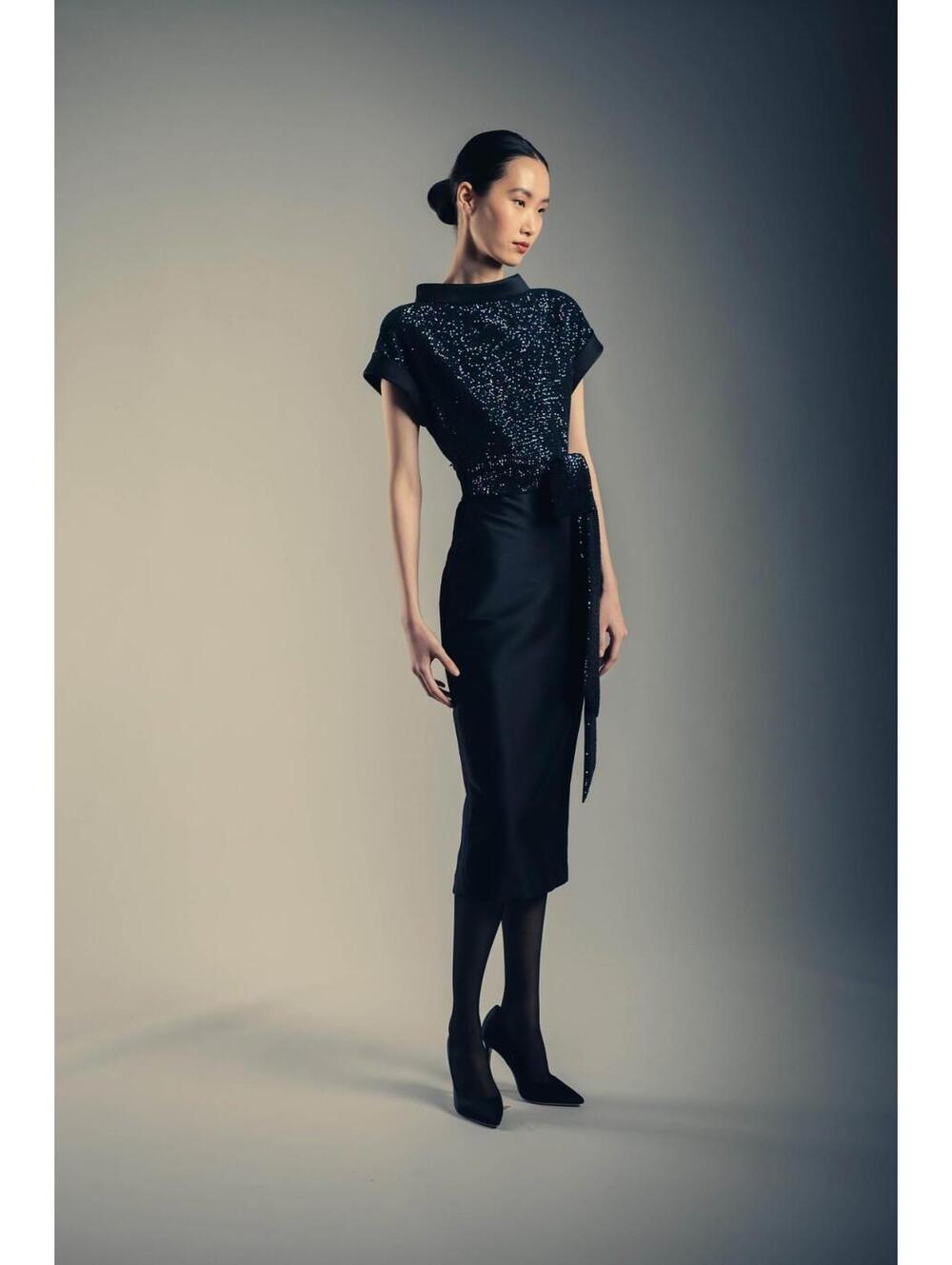 Badgley Mischka Sequin Bow Top Twofer Dress Black sz 8 NWT Modest Day-Dinner LBD